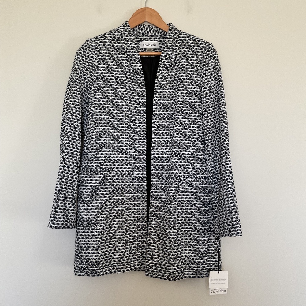 Calvin Klein Metallic Tweed Topper Jacket 12 Petite Blue Black Blazer Longline